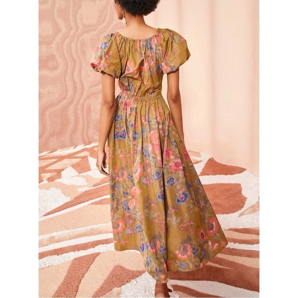 NWOT Ulla Johnson Midi Green Puff-Sleeve Floral Cecile Dress - Picture 5 of 6